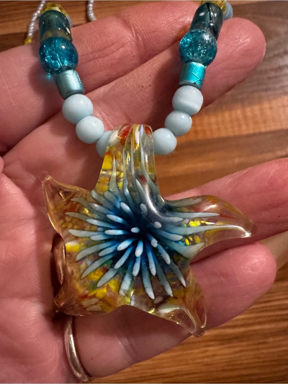 Vintage Blue & Gold Starburst hand blown Glass Pendant Necklace